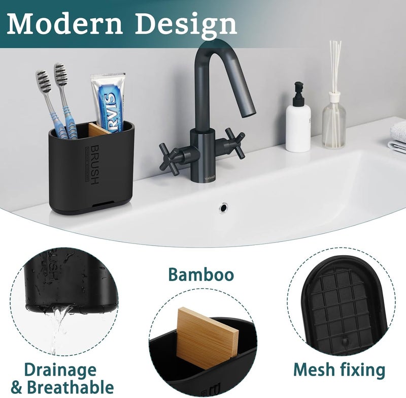 Chintu Toothbrush and Toothpaste Holder with Bamboo Divider for Bathroom Countertop Organizer, Detachable for Easy Clean, 2 Slots Electric Toothbrush Holders Storage Caddy Drainage for Family-Black - Image 3